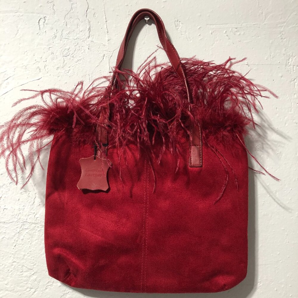 Feather Trimmed Genuine Leather Tote Bag Red